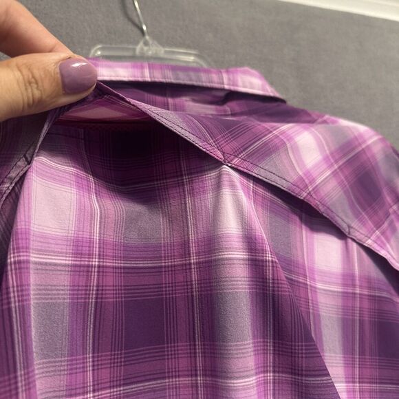 Duluth Trading Co Sidewinder Gardening Shirt Womens 1X Purple Plaid Vented UPF - Picture 12 of 12